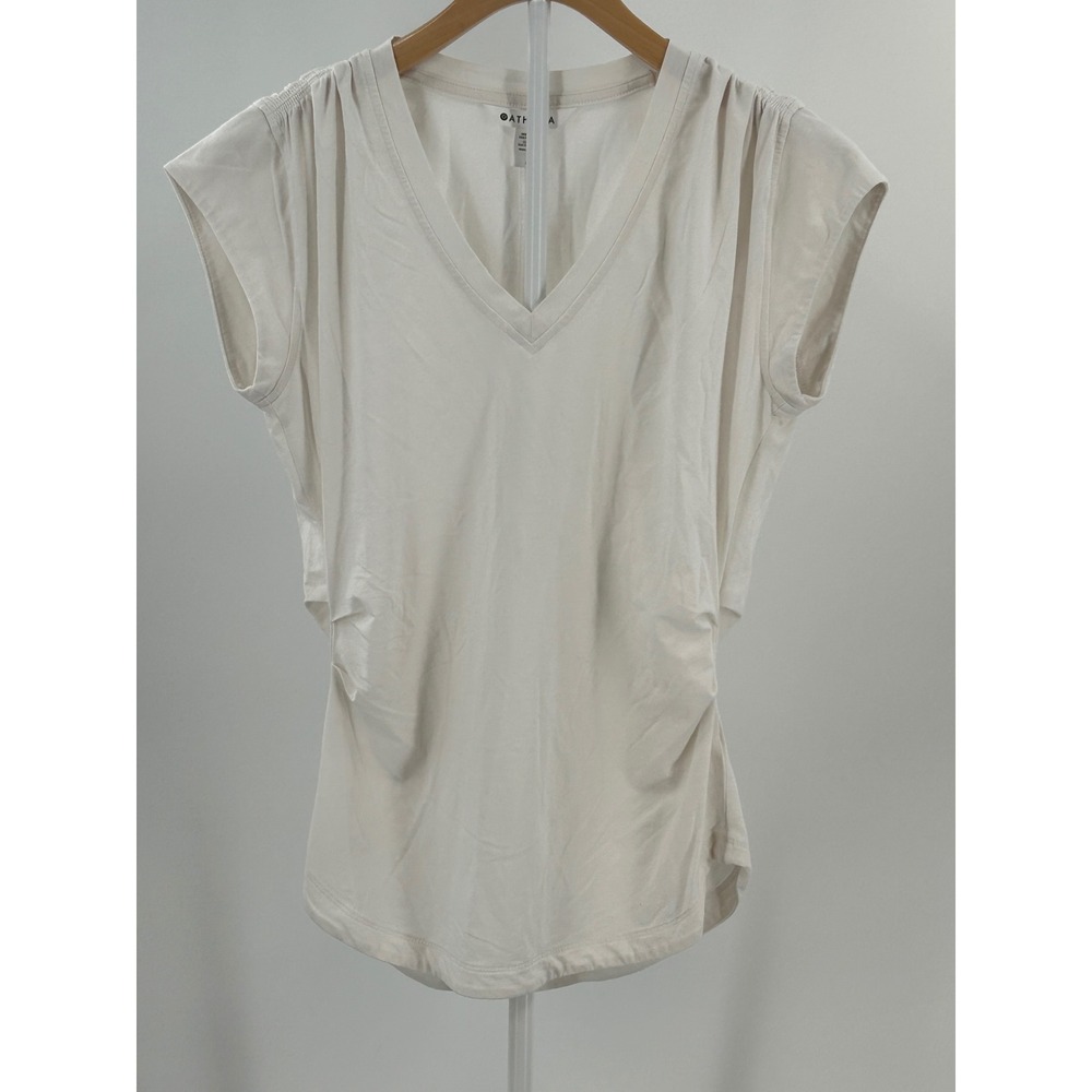 Athleta Womens V-Neck Ruched Shoulder Side T-Shirt Off White Small S P 523